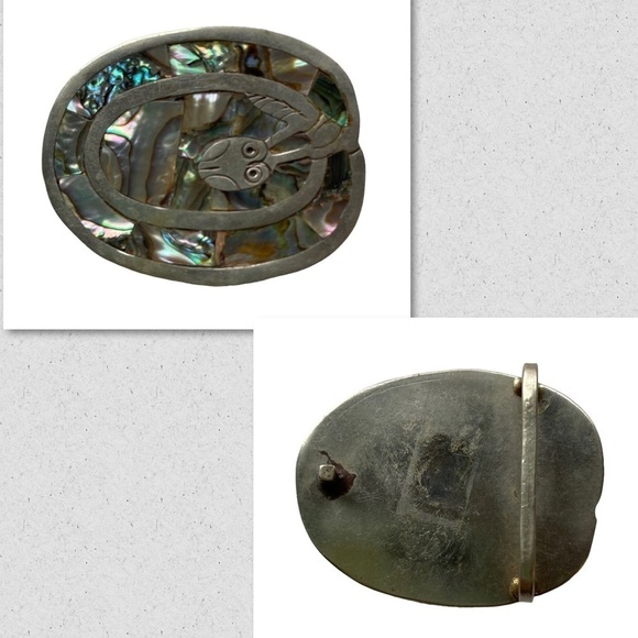 Vintage Alabone Shell Silver Large Belt Buckle Owl Bird Inlaid 1940s Mexico - Picture 9 of 9